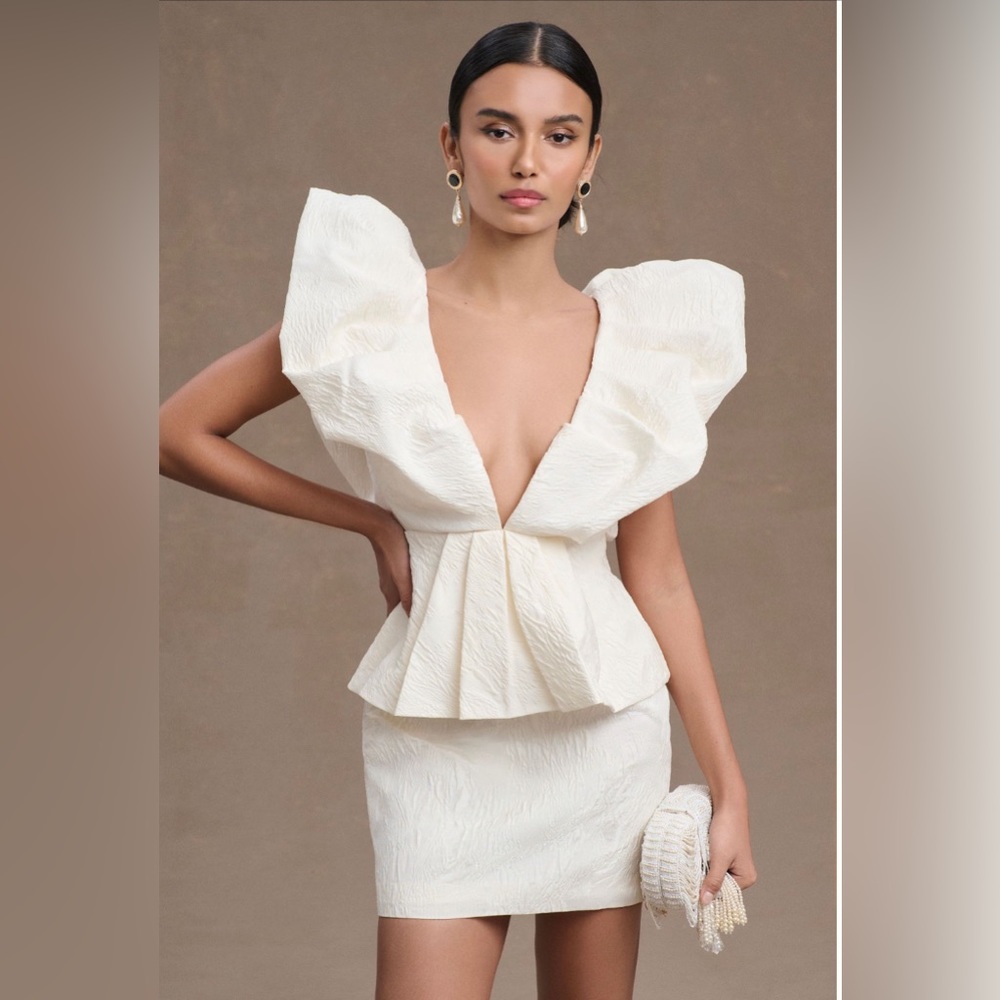 BHLDN Ronny Kobo Calin White Puff-Sleeve Peplum Mini Dress, NWT, 14, Runs Small
